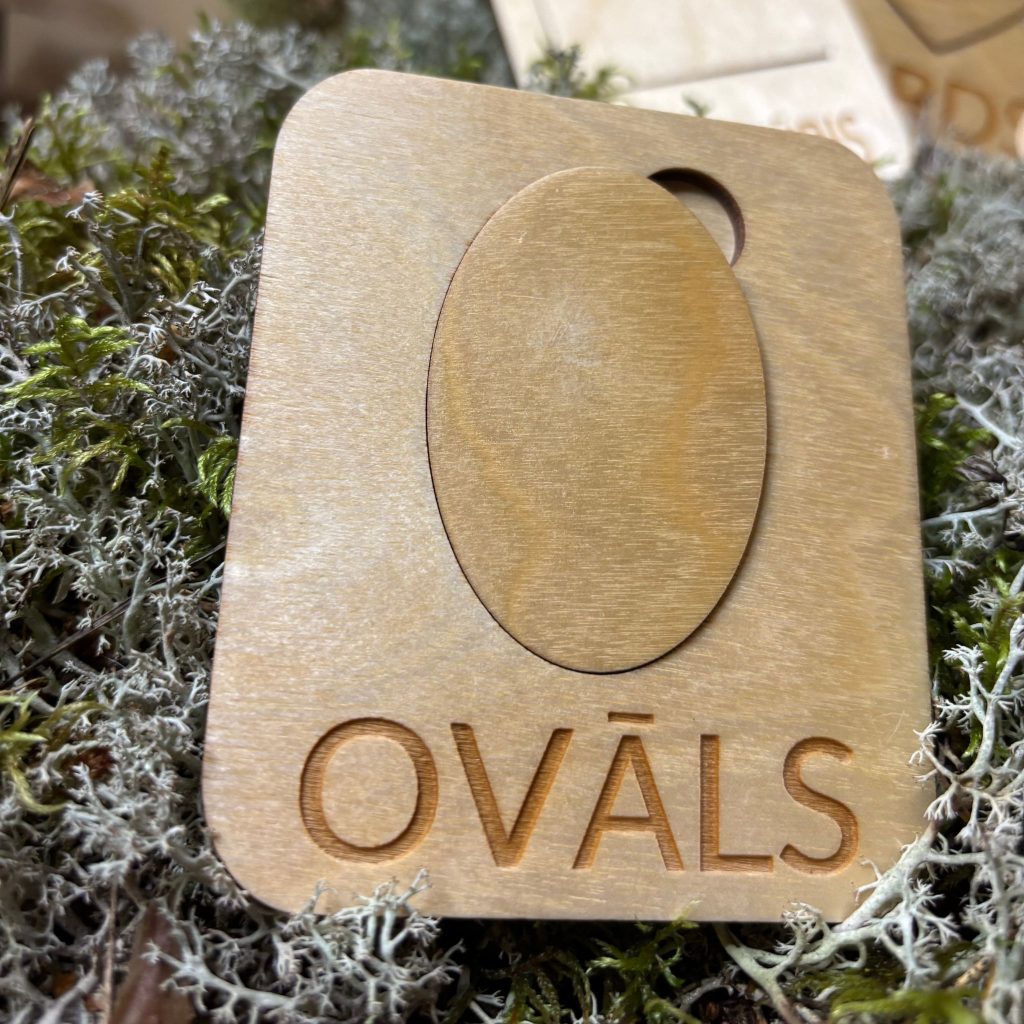 Bērns liek koka figūriņas pamatnēs, pirkstiņu vingrināšana un acu-roku koordinācija.