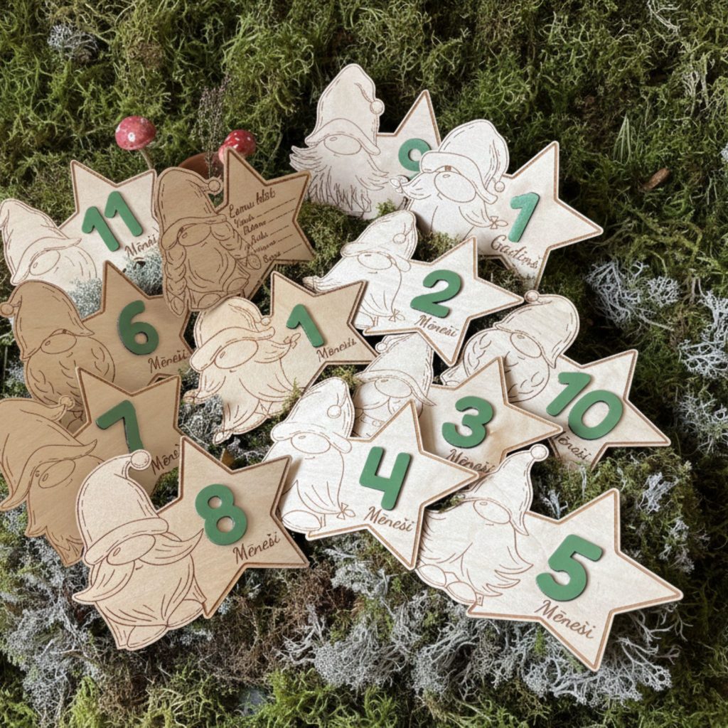 Koka mēnešu kartiņas bērniem, lāčuka forma ar 3D baltiem cipariem, pirmais gadiņš.